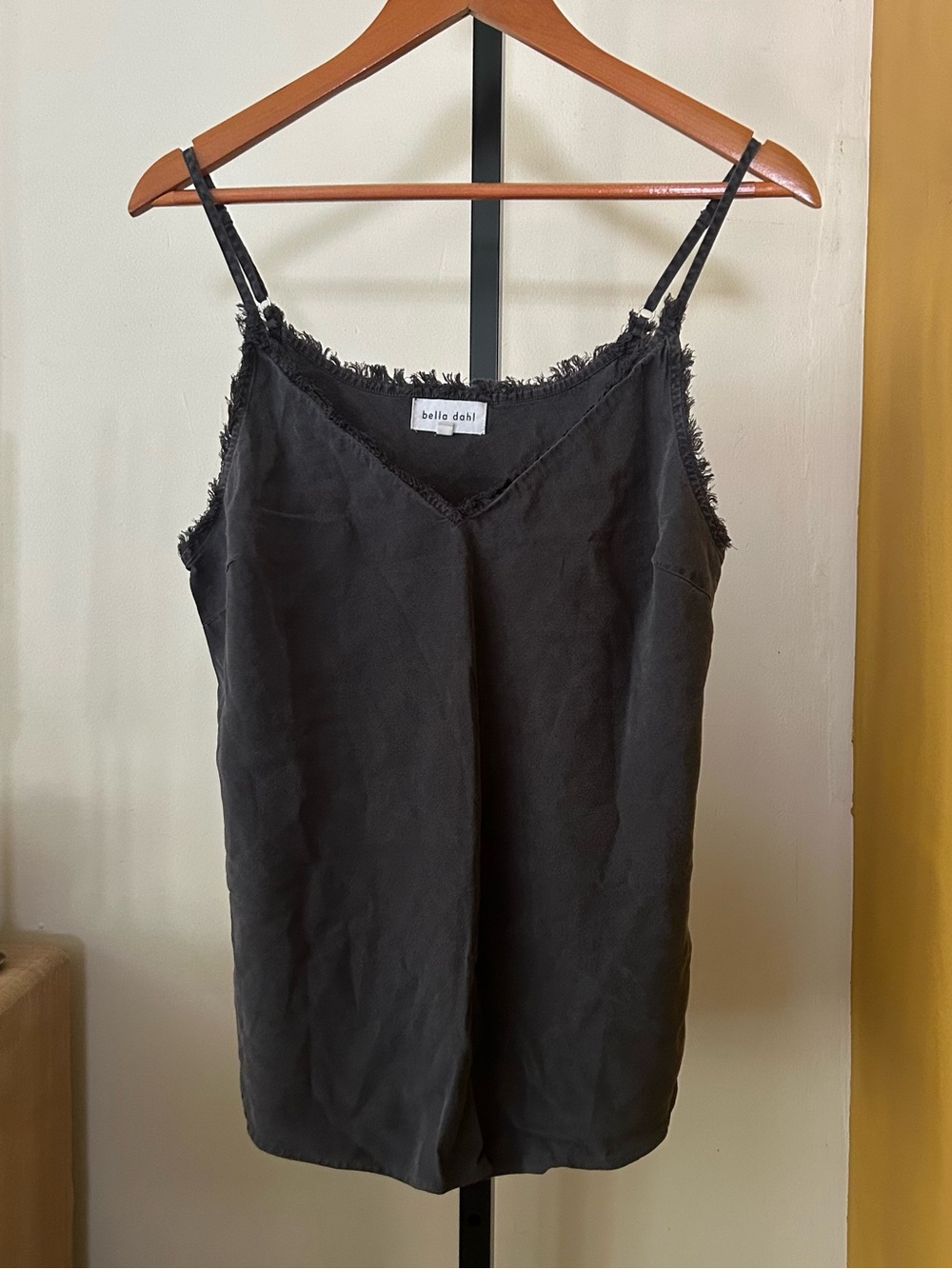 Bella Dahl Frayed Edge Cami Fringe Tank Top Tencel Spaghetti Strap Gray Medium